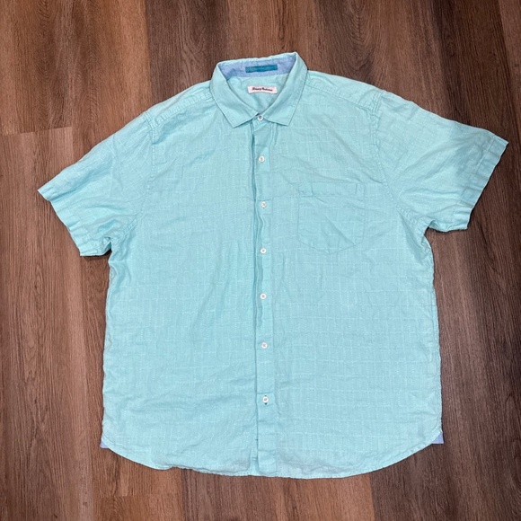 Tommy Bahama Shirt Mens XL Light‎ Blue Aqua Linen Beach Button Up Short Sleeve - Picture 1 of 11